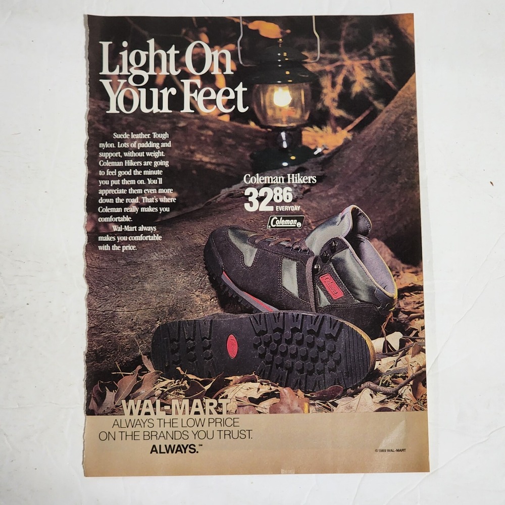 Vintage Print Ad Wal-Mart Coleman Hikers Light on Your Feet clipping 1990 8x10